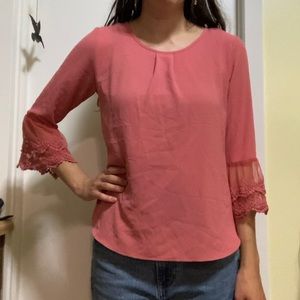 Pink Textured Fabric Blouse with Lace bell sleeves